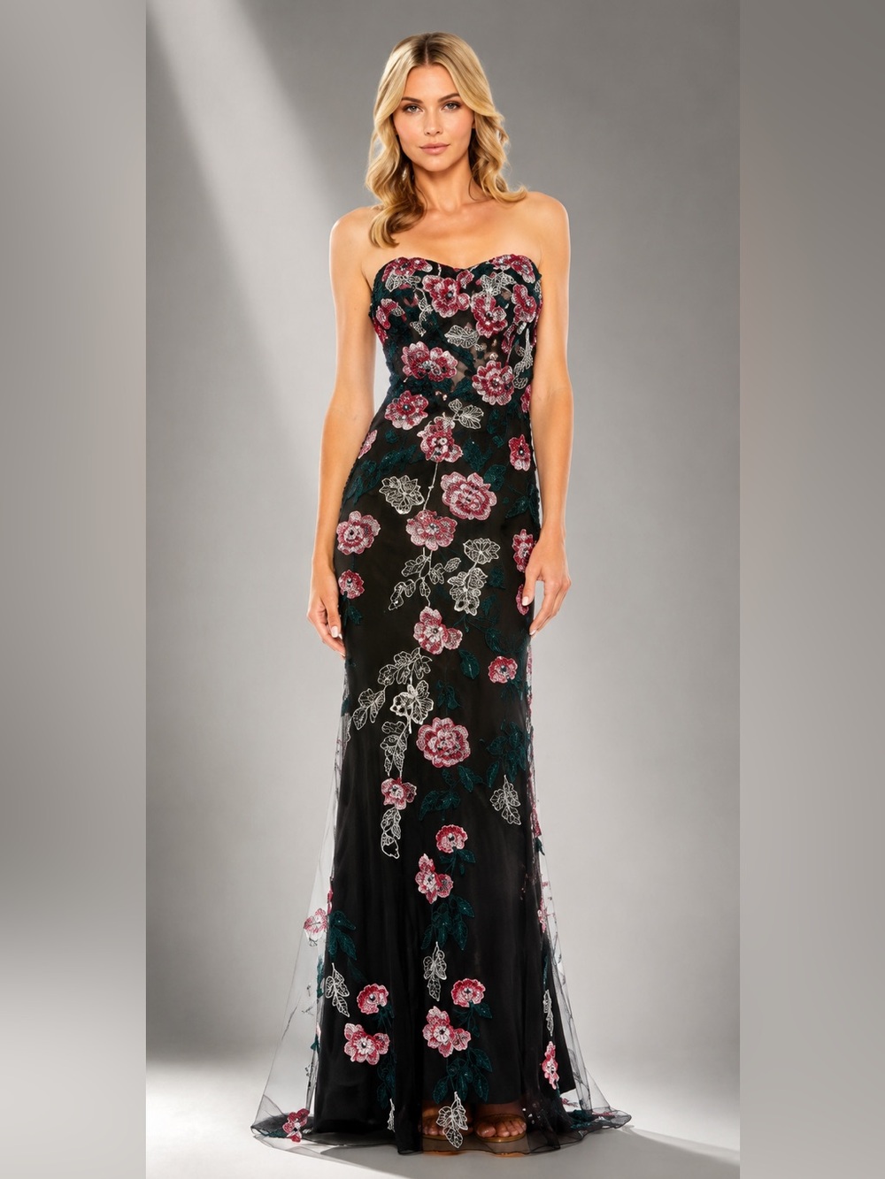 NWT Mac Duggal Black Floral Embroidered 20581 Strapless Gown 14,10,6 Retail $898
